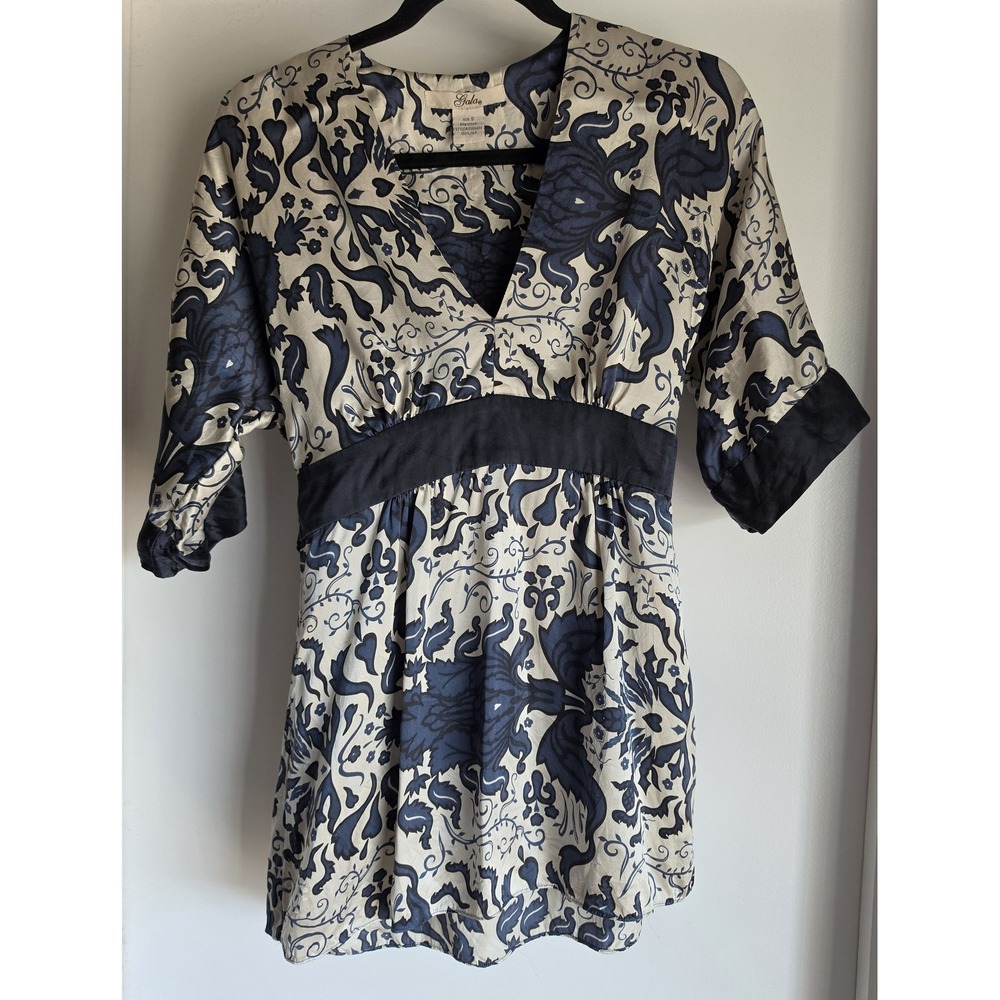 Gala Silk Floral Babydoll Top S Champagne Navy V-Neck Short Sleeve Vintage